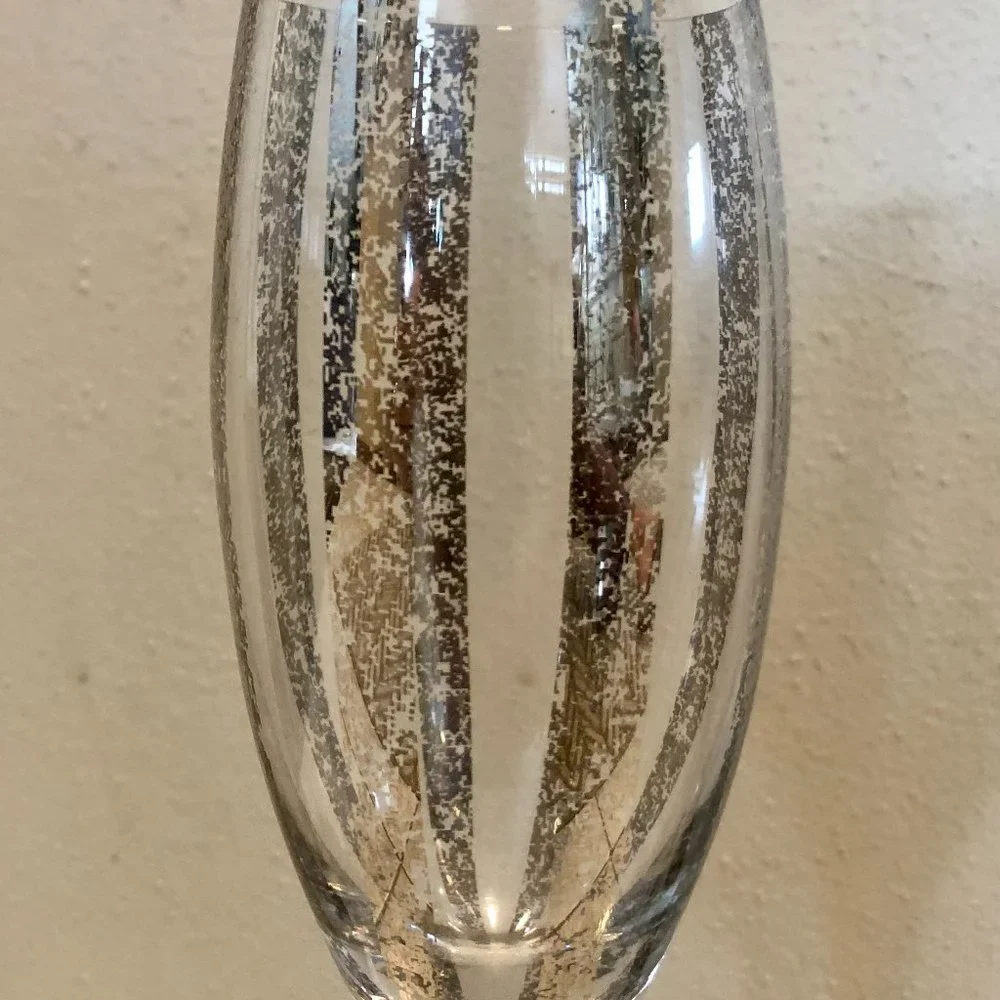 2) Pier 1 SPECKLE Silver Black Hand Painted Mouth Blown Champagne Flutes Glasses